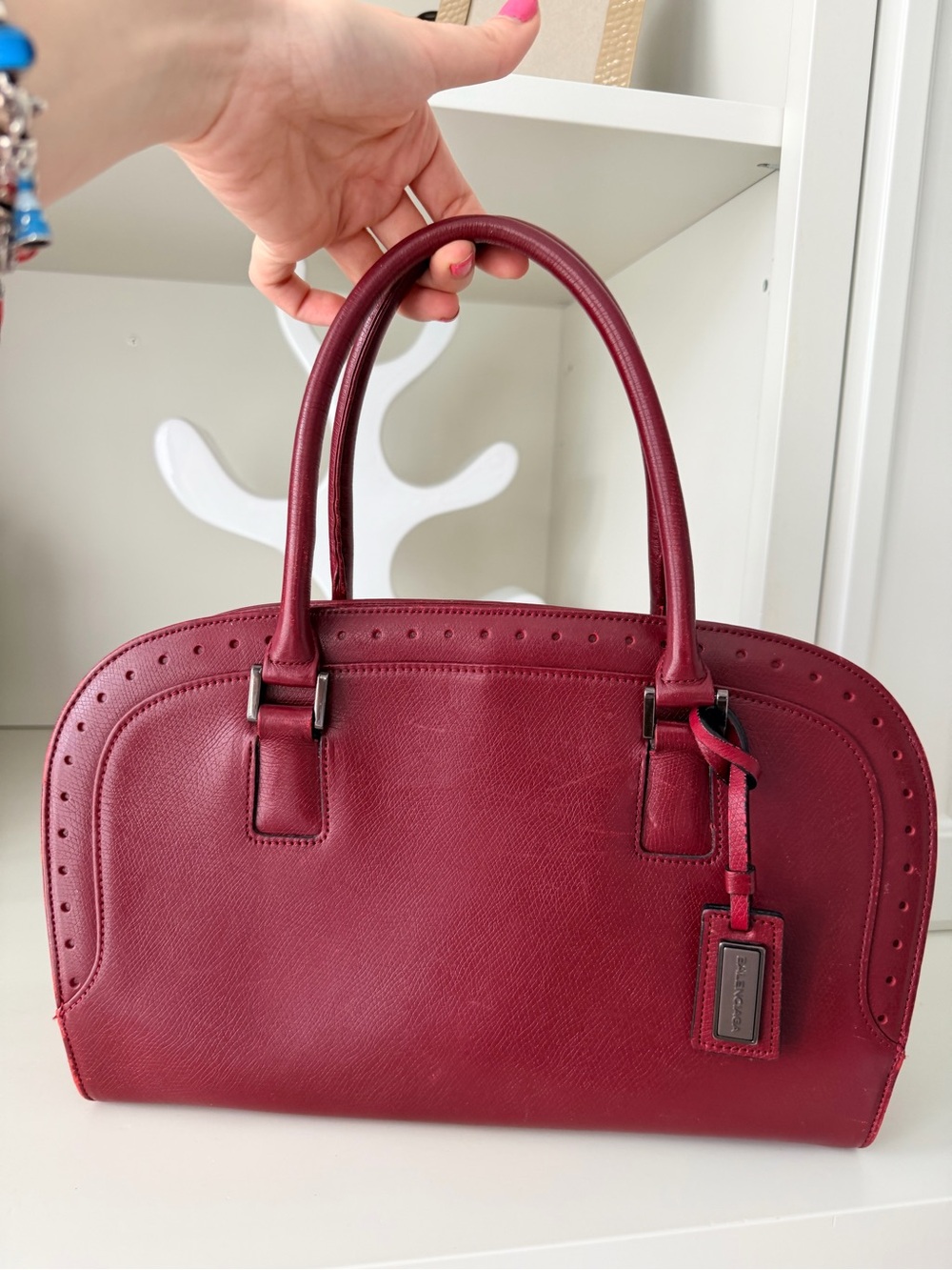Vintage 90’S Y2K BALENCIAGA PARIS Red Top Handle Purse Bowling Bag Authentic